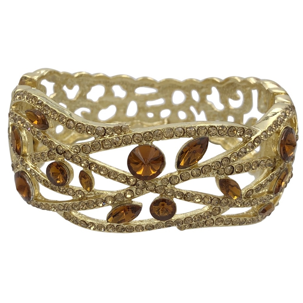 Brown Topaz Gold Rhinestone Lines Open Chunky Statement Hinged Bangle Bracelet